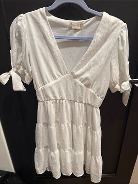 Altar'd State White Tiered Mini Dress with Tie Sleeves